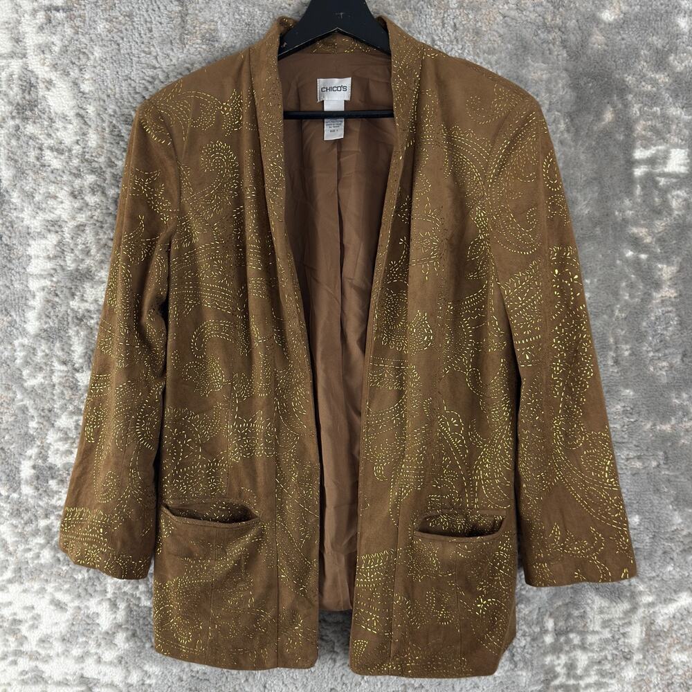Chicos Size 1/M Floral Open Front Career Blazer Jacket Brown Lined Long Sleeve
